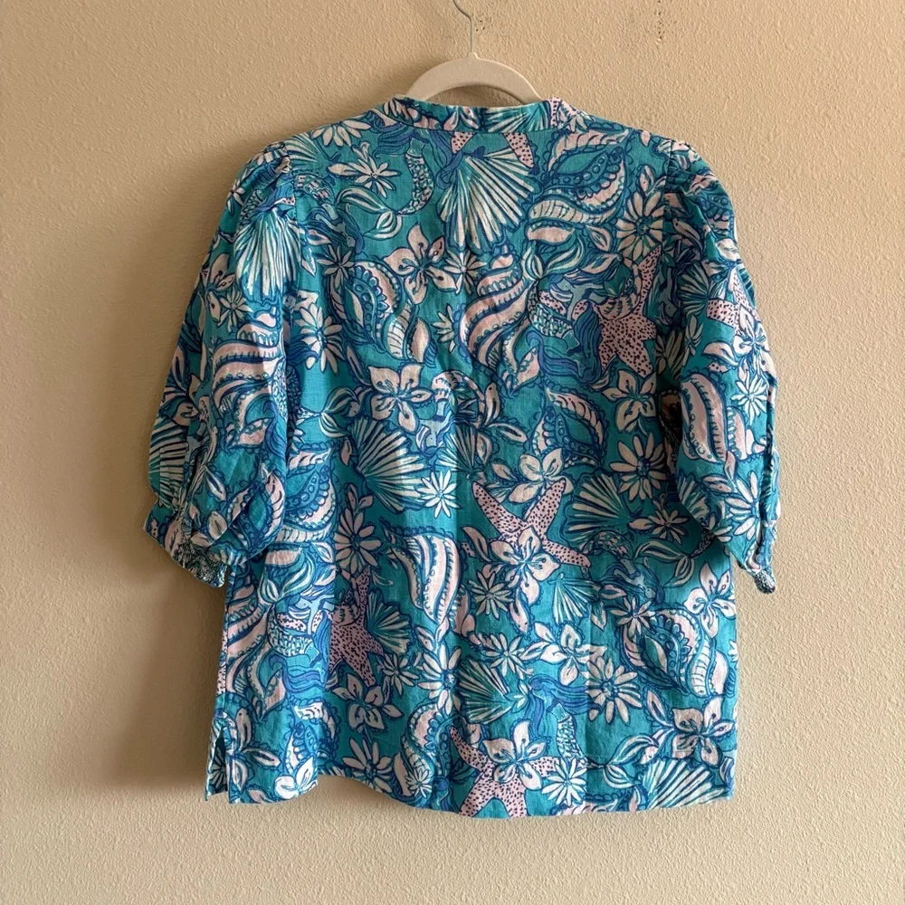 NWT Lilly Pulitzer Mialeigh 100% Linen Top Blouse Women’s 6 Amalfi Blue Sirens